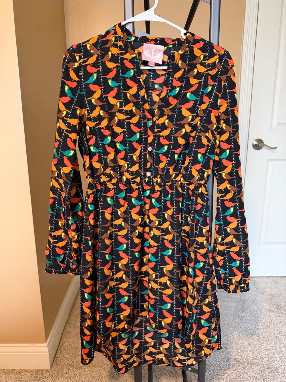 Black Bird Print Long Sleeve Dress